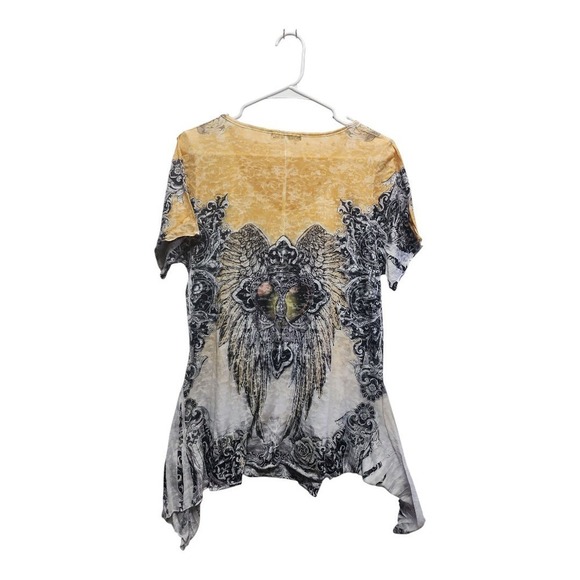 Urban X Boho Angel Wings Burnout Asymmetrical Top Women’s L Yellow Graphic - Picture 3 of 6